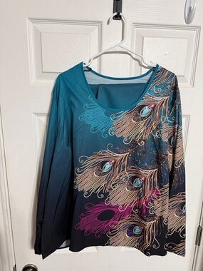 Source Unknown Teal & Black Peacock Feather Print Long Sleeve Top